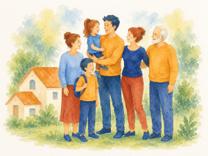 Famille multigénérationnelle réunie devant une maison, illustrant l'accompagnement familial, le maintien à domicile et l'aide aux seniors à Talloires et autour du lac d'Annecy.