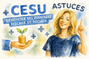 Illustration aquarelle présentant les avantages du CESU pour les services à domicile, avec réduction d'impôt et aides financières pour les particuliers à Talloires et Annecy.