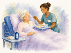 Aide à domicile accompagnant une personne âgée lors du repas à son domicile à Talloires, illustration aquarelle représentant l'aide aux seniors