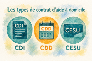 Illustration aquarelle présentant les différents types de contrats pour les services à domicile : CESU, CDI et CDD pour l'emploi d'une aide à domicile à Talloires et Annecy.