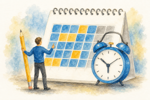 Illustration aquarelle représentant un planning d'interventions à domicile avec calendrier et horloge pour organiser les services à domicile à Talloires et Annecy.