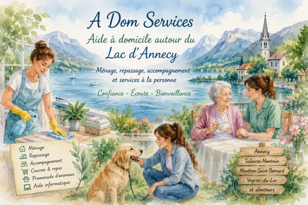 A Dom Services propose des services à domicile autour du lac d'Annecy : ménage, repassage, accompagnement des seniors, courses, promenade d'animaux et aide informatique à Annecy, Talloires-Montmin, Menthon-Saint-Bernard et Veyrier-du-Lac.