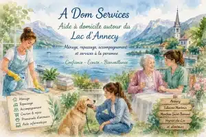A Dom Services propose des services à domicile autour du lac d'Annecy : ménage, repassage, accompagnement des seniors, courses, promenade d'animaux et aide informatique à Annecy, Talloires-Montmin, Menthon-Saint-Bernard et Veyrier-du-Lac.