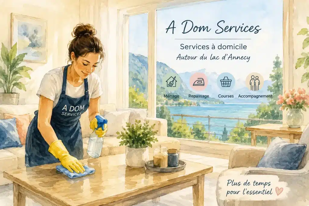 Aide ménagère réalisant le ménage à domicile dans une maison avec vue sur le lac d'Annecy – A Dom Services.