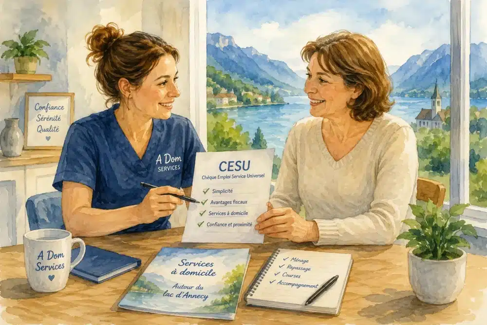 Les avantages du CESU pour les particuliers – échange entre un particulier et une intervenante à domicile A Dom Services autour du lac d'Annecy.