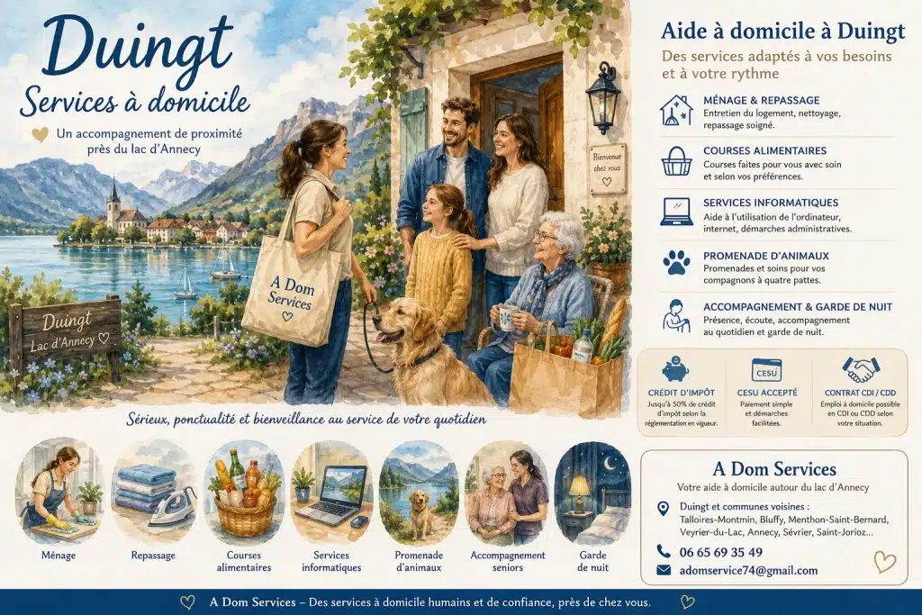 Services à domicile à Duingt avec ménage, repassage, aide informatique, courses, promenade d’animaux et accompagnement près du lac d’Annecy.