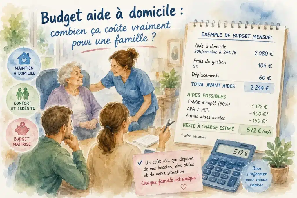 Aquarelle représentant une famille discutant du budget d'une aide à domicile pour senior près du lac d'Annecy
