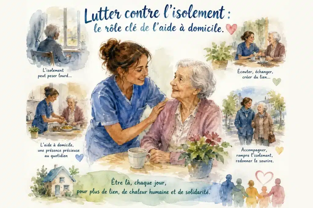 Aquarelle douce évoquant le lac d'Annecy et la présence bienveillante d'une aide à domicile