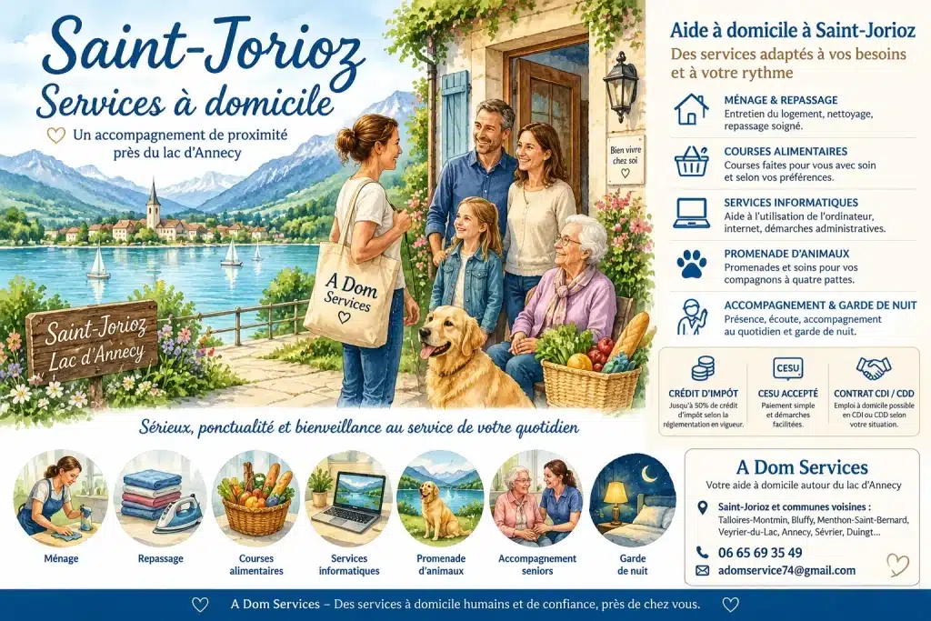 Services à domicile à Saint-Jorioz avec ménage, repassage, courses, aide informatique, animaux et accompagnement près du lac d’Annecy