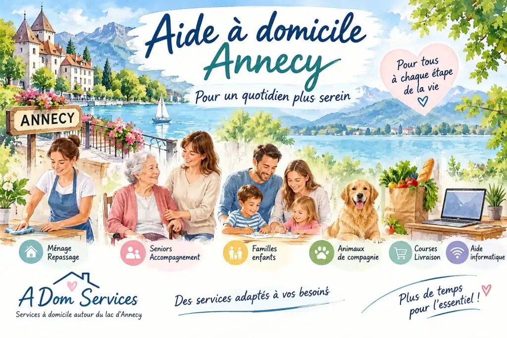 Aide à domicile à Veyrier-du-Lac - illustration aquarelle d'un accompagnement à domicile