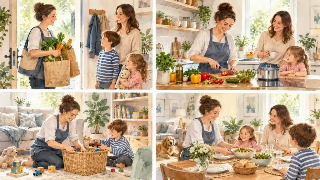 Aide ponctuelle courses repas et petites tâches à domicile pour une famille