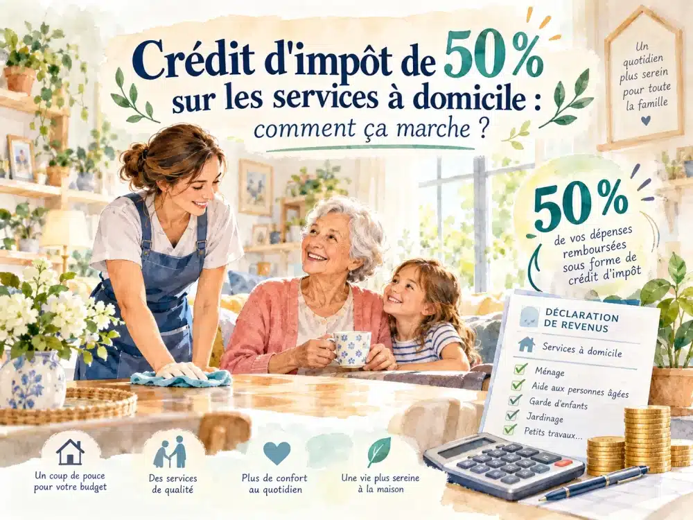 Crédit d'impôt de 50 % sur les services à domicile — illustration aquarelle