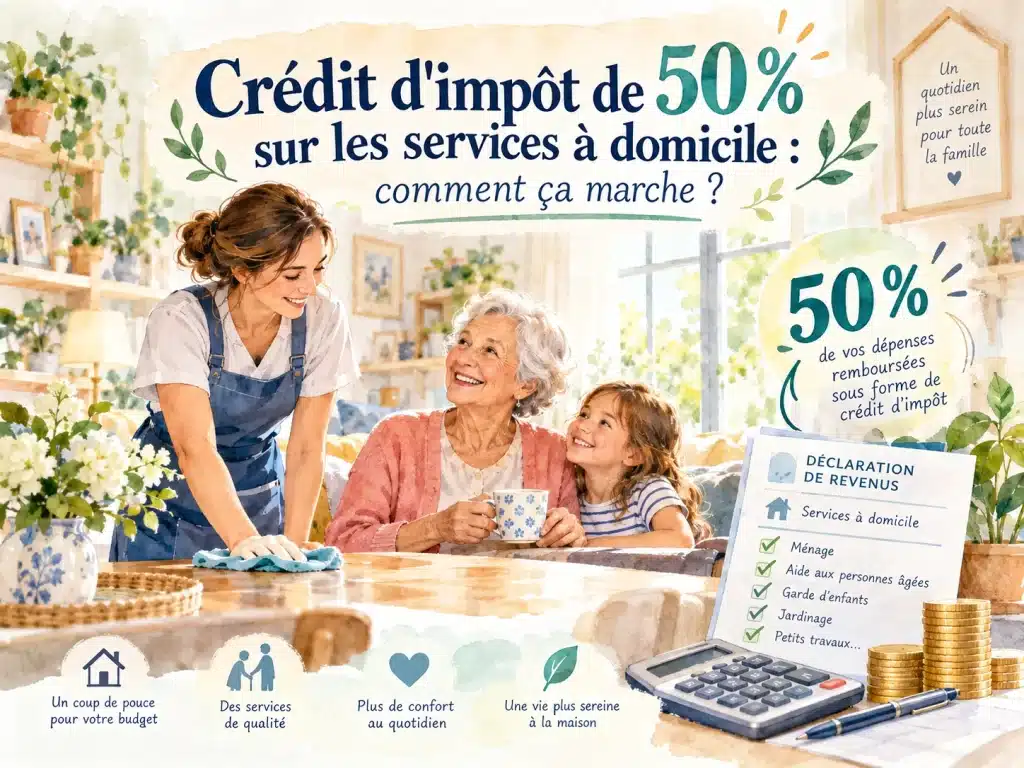 Crédit d'impôt de 50 % sur les services à domicile — illustration aquarelle